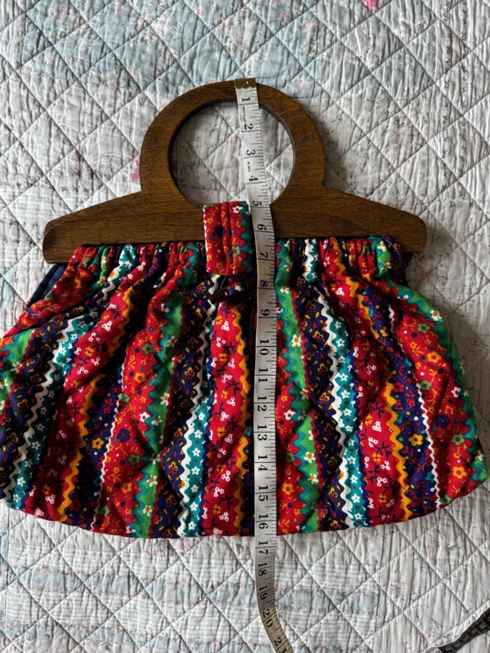 Vintage Boho Folk Print Wooden Handle Bag Cottagecore Festival Summer Purse - Picture 8 of 9